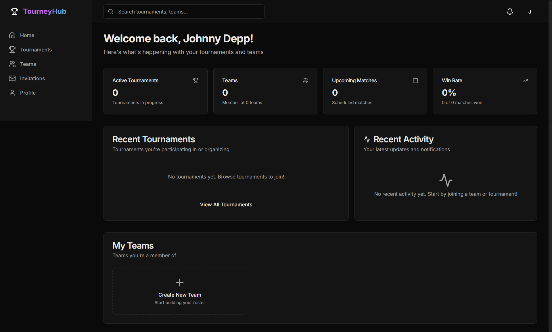 Tournament management dashboard — brackets, registrations, and match controls